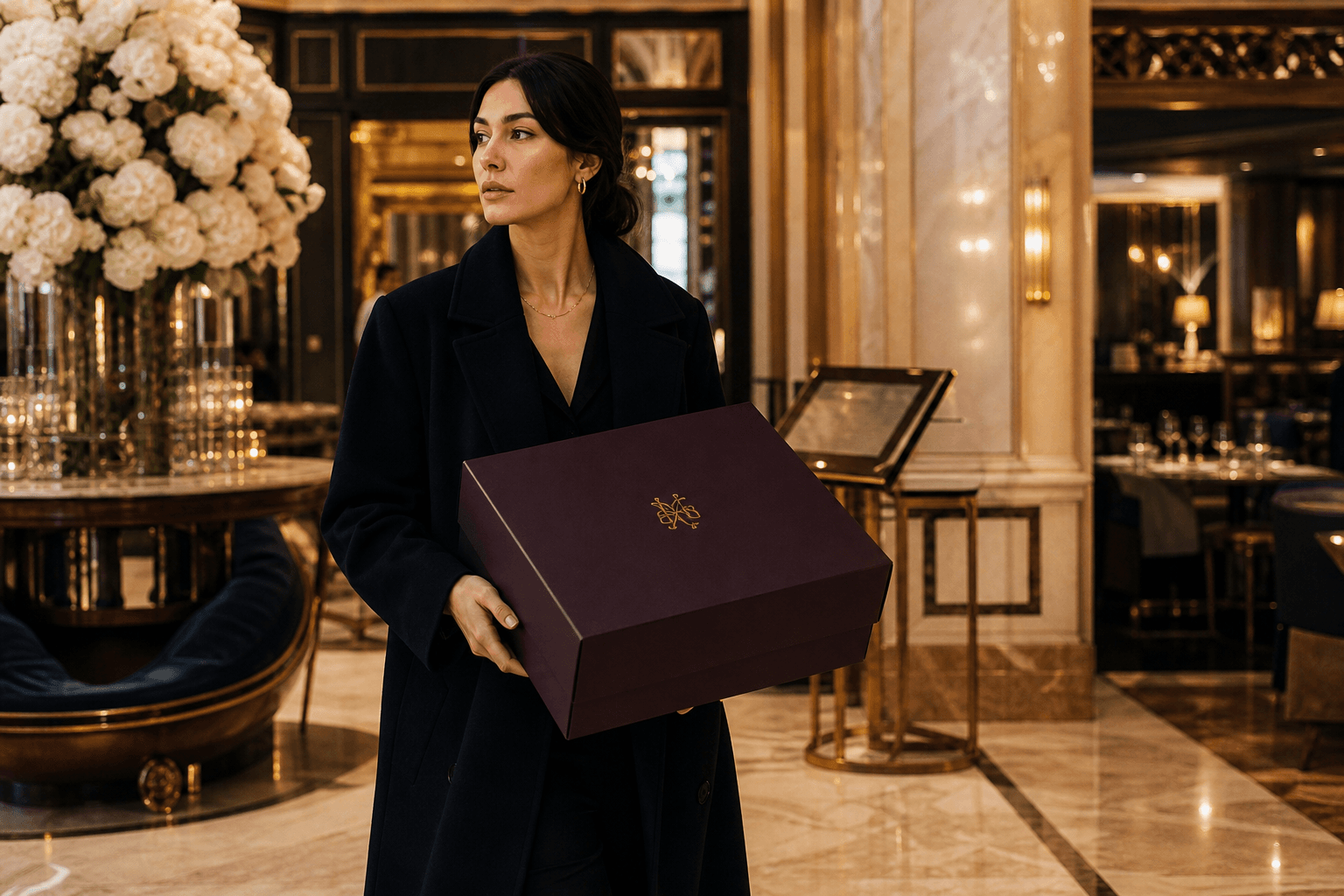 Someone carrying the L’Élite box through a hotel