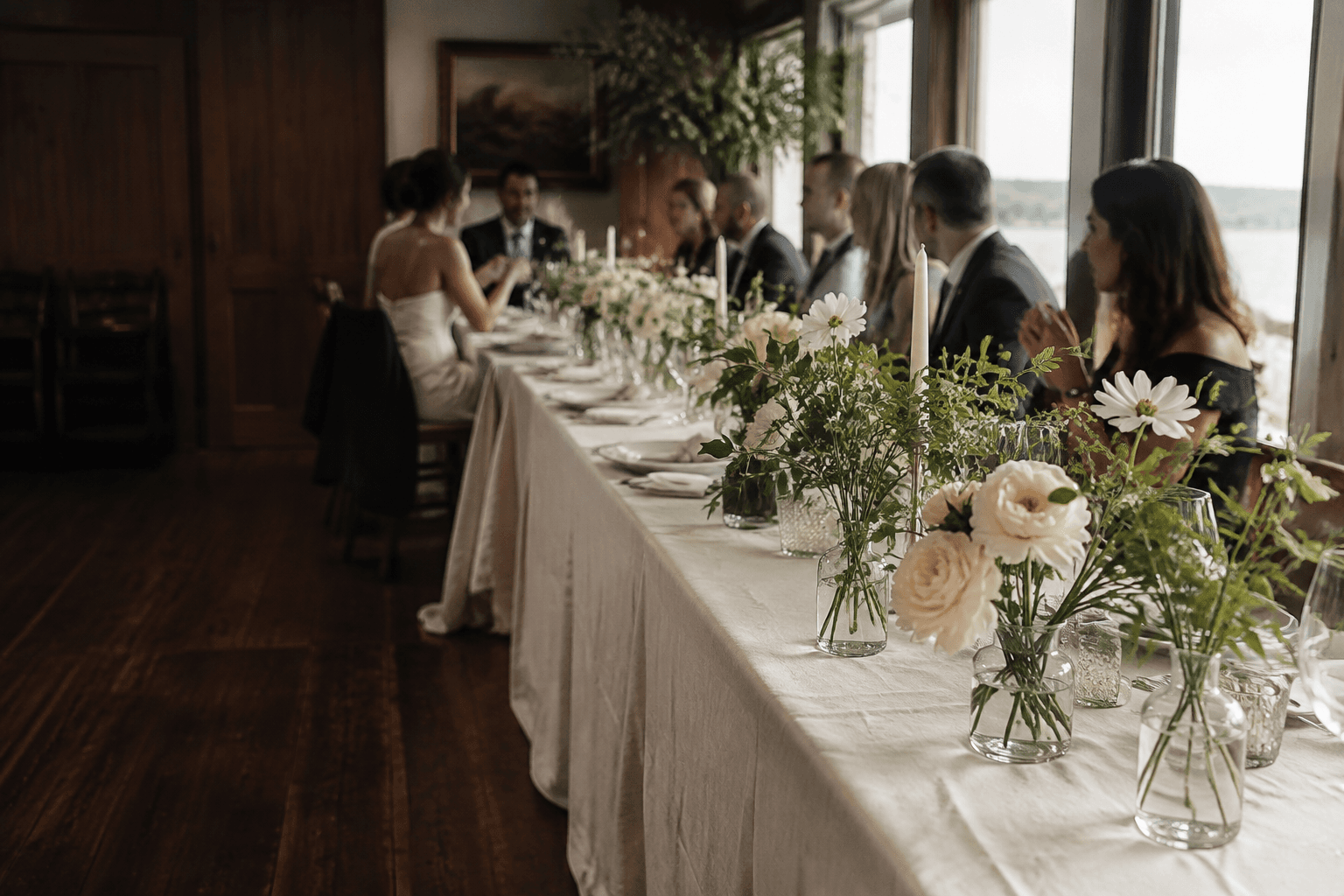 Wedding reception concept with natural ivory flowers and linen